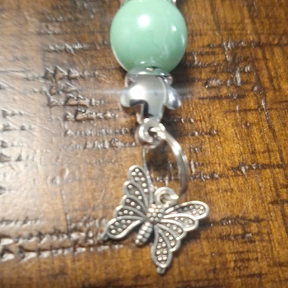 Pink and Green Beaded Straw Charm with Butterfly Charm - Picture 4 of 6